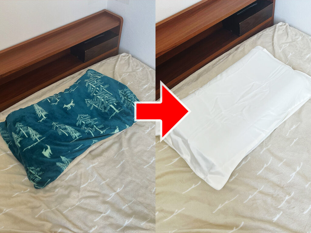 いつも使っている枕カバーから髪の毛に効果ないと噂されるシルク製の枕カバーに変えたときの風景
