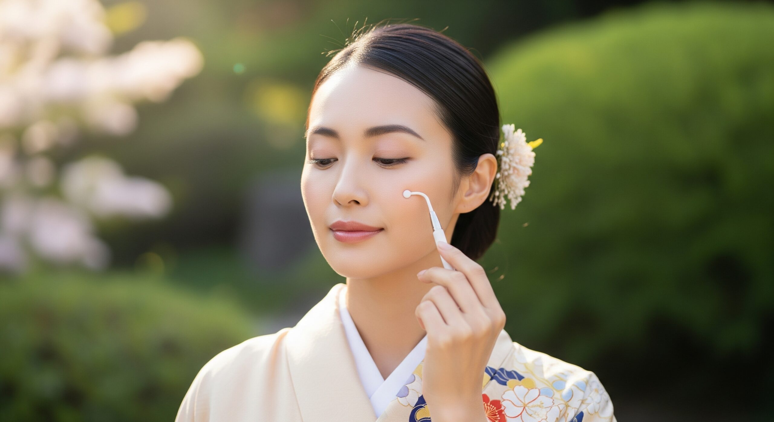 フェイスポインターで顔のケアをする女性の様子。