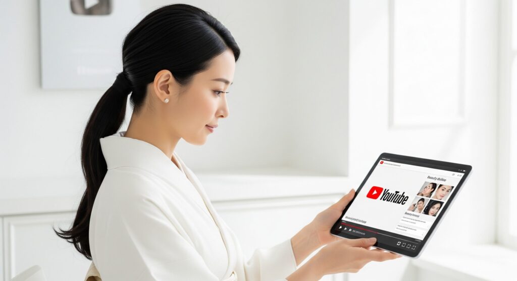YouTubeでフェイスポインターの検証動画を見ている女性。