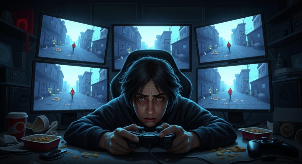 暗い部屋で同じゲーム画面を繰り返しプレイし、疲れ果ててストレスを感じているゲームテスター。