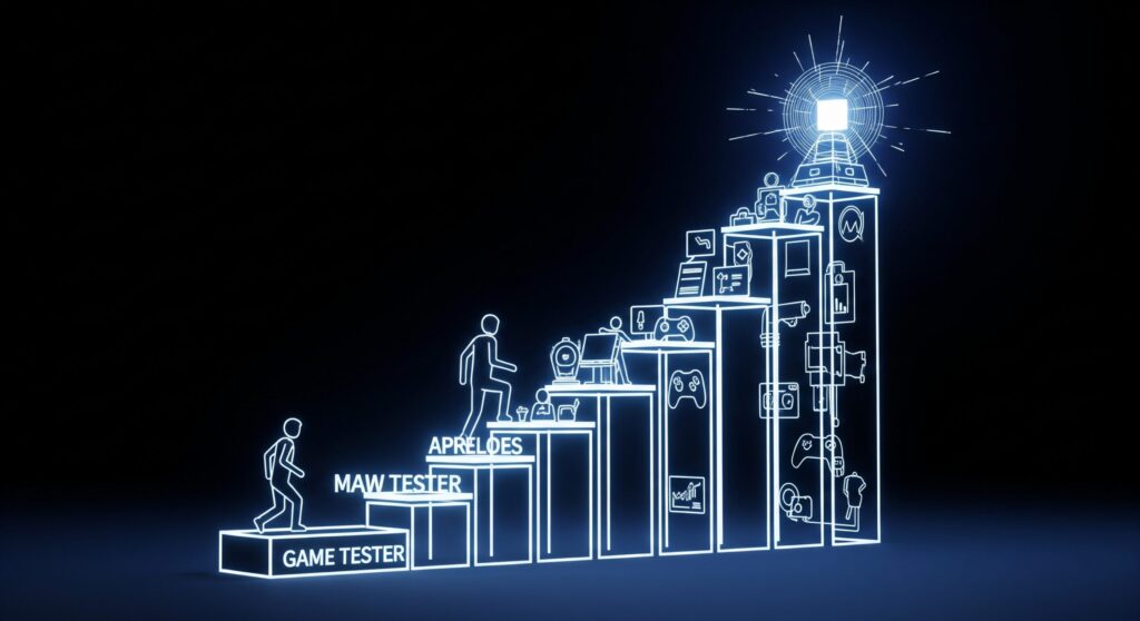 ゲームテスターからキャリアアップしていく様子を、シンプルなブロックから始まり、上に行くにつれて複雑で輝かしいゴールへと向かう、光る階段を登る人物で象徴的に表現した、清潔感のあるモダンな画像。