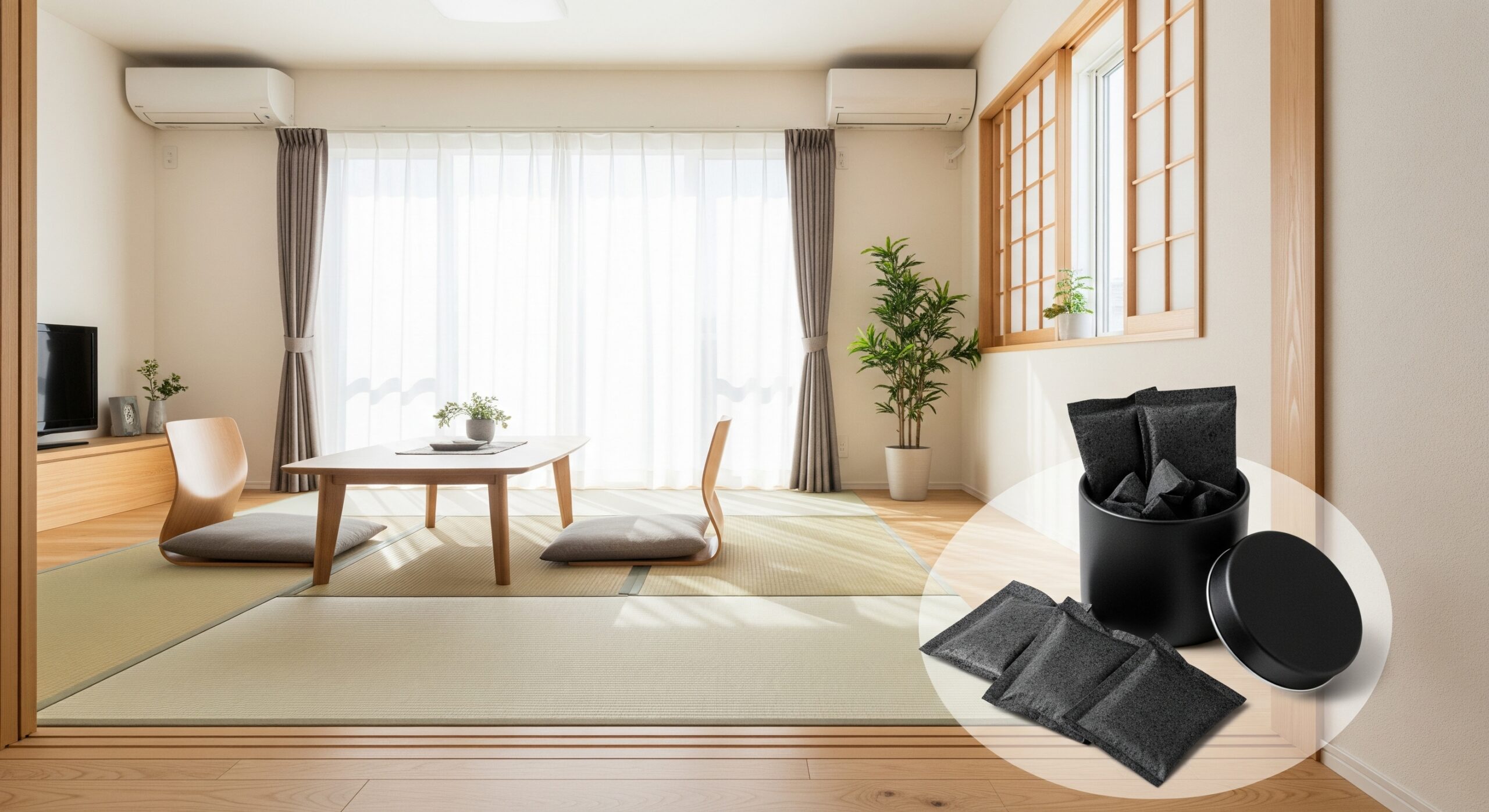 清潔で家庭的な日本のリビングルームで、炭八が湿気と臭いを効果的に吸収している様子。