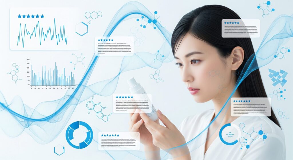 スキンケア製品の成分を真剣な表情で分析・確認しているきれいな女性。