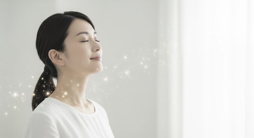 きれいな空気の流れの中で、気持ちよさそうに深呼吸する笑顔の日本人女性。