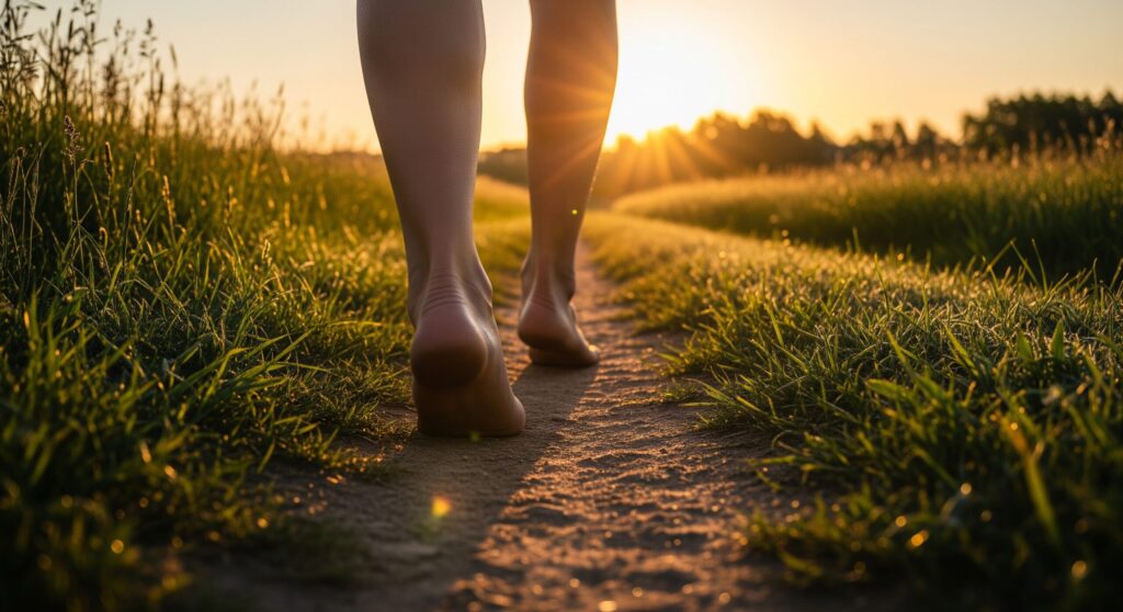 健康的な足で、未来へ向かって元気に歩いていく人物の後ろ姿。