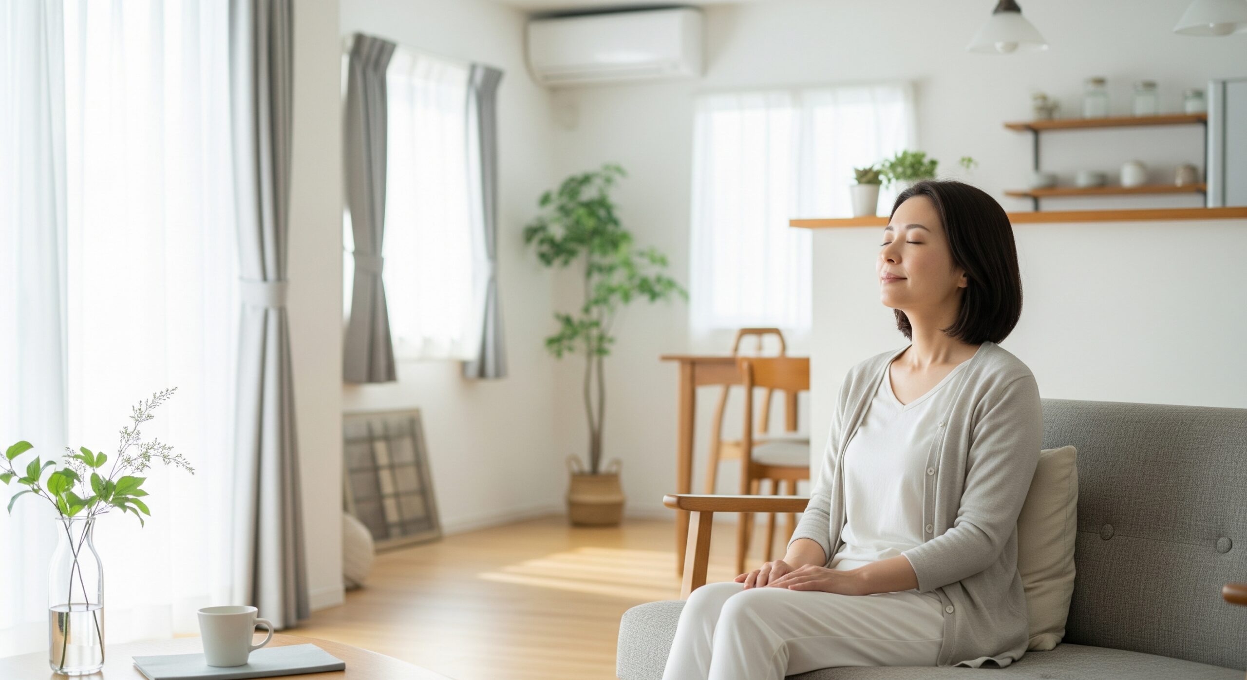 明るく清潔感のあるリビングで、きれいな空気を吸ってリラックスする日本人女性。