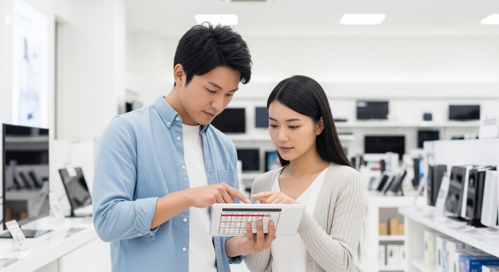 タブレットの比較表を見ながら真剣に製品を検討する日本人の夫婦。