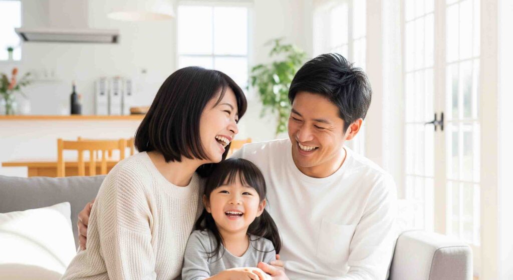 太陽の光が差し込む明るいリビングで、幸せそうに笑いあう仲睦まじい日本の家族。