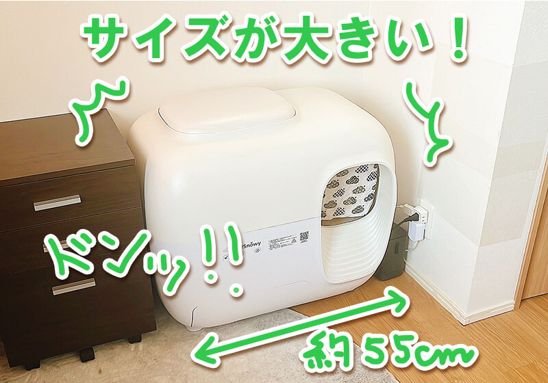 全自動猫トイレの本体サイズが大きく、設置場所の確保に苦労する様子を示す画像。