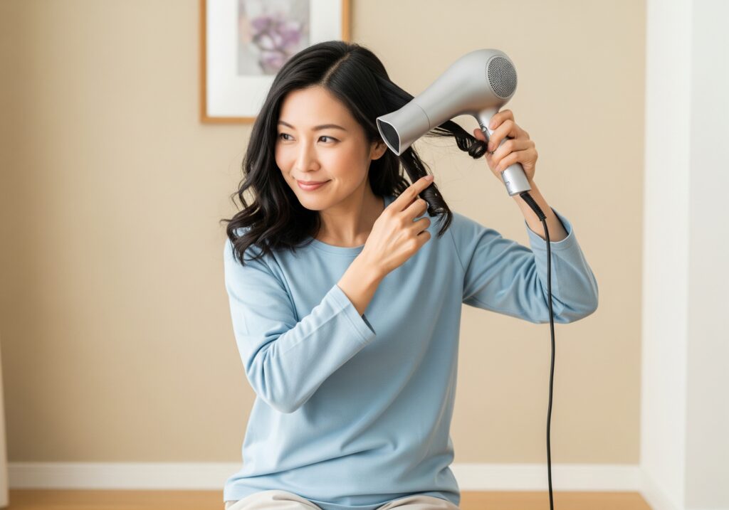 自宅で、指でカールをねじりながら丁寧に髪を乾かしている笑顔の日本人女性。