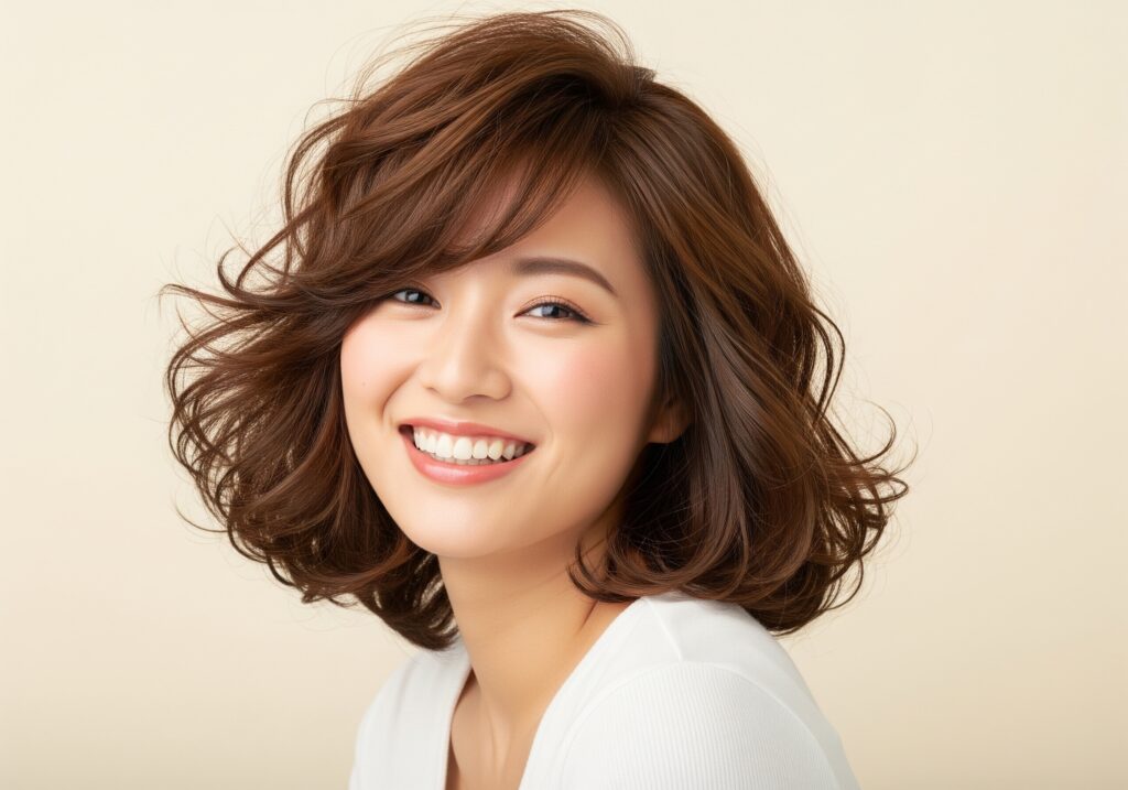 きれいで弾むようなデジタルパーマの髪型に満足し、笑顔を見せる日本人女性。
