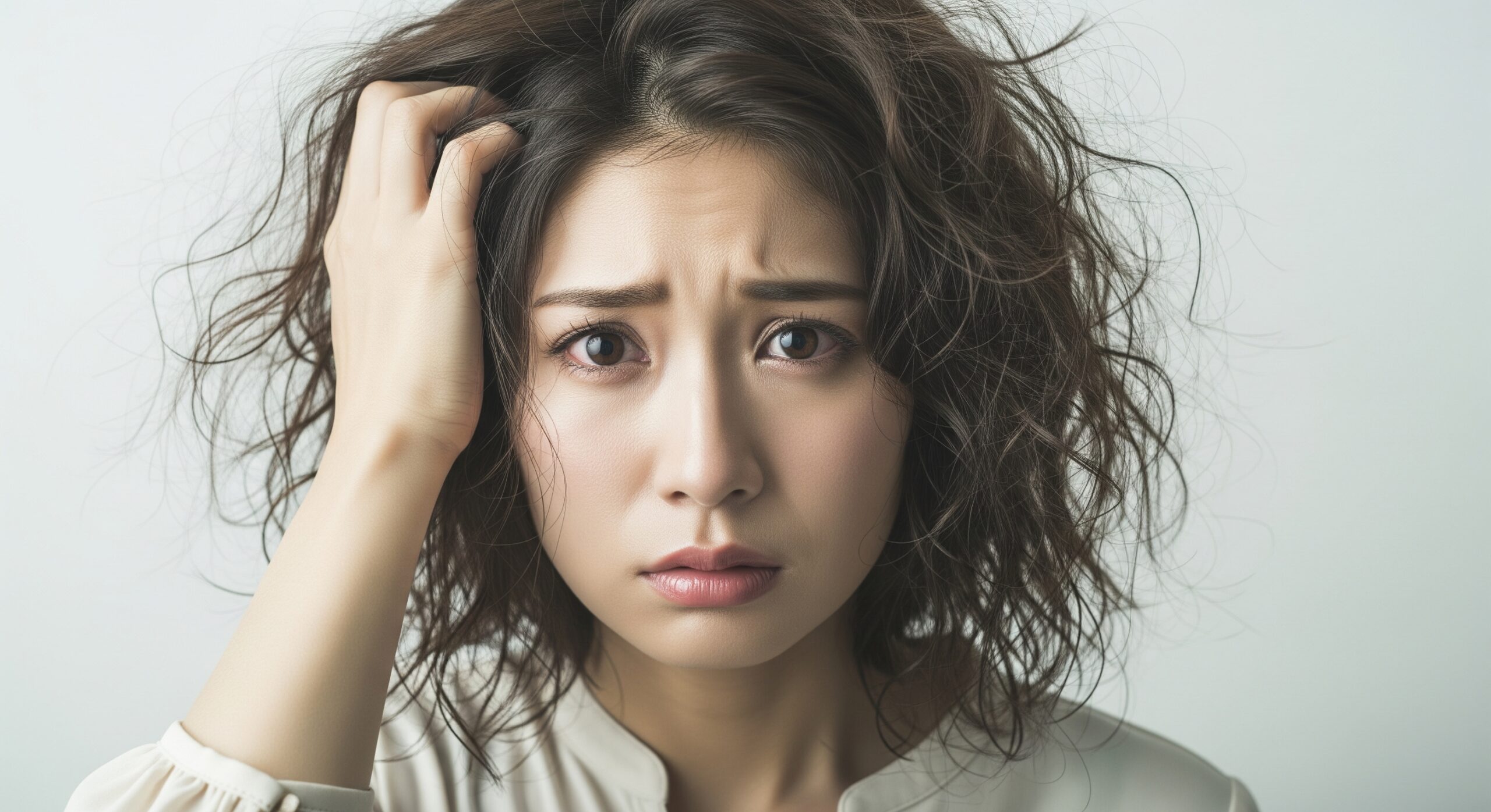 デジタルパーマに失敗し、傷んだ髪の毛を触りながら後悔した表情を浮かべる日本人女性。