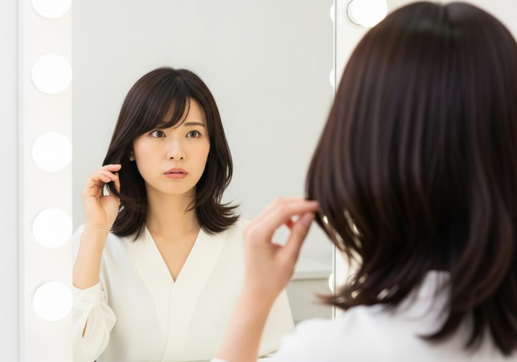 鏡を見ながら、デジタルパーマをかけるべきか真剣な表情で髪の状態をチェックする日本人女性。