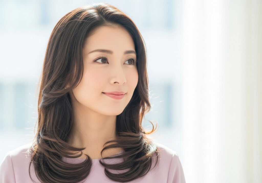 美しいデジタルパーマの髪型で、自信と満足感に満ちた穏やかな表情を浮かべる日本人女性。