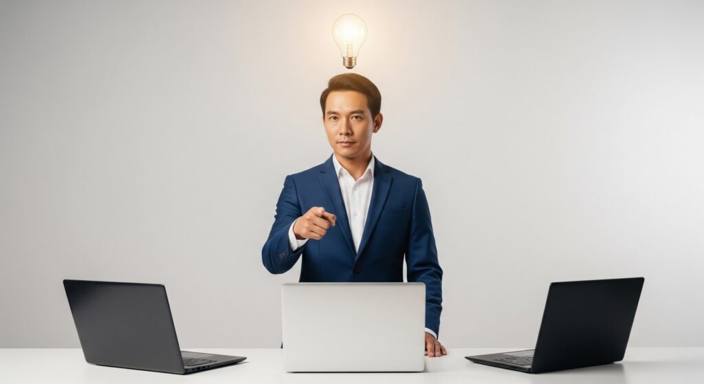 複数の選択肢の中から、情報に基づいて自信を持って一台のノートパソコンを選んでいる人物のイラスト。