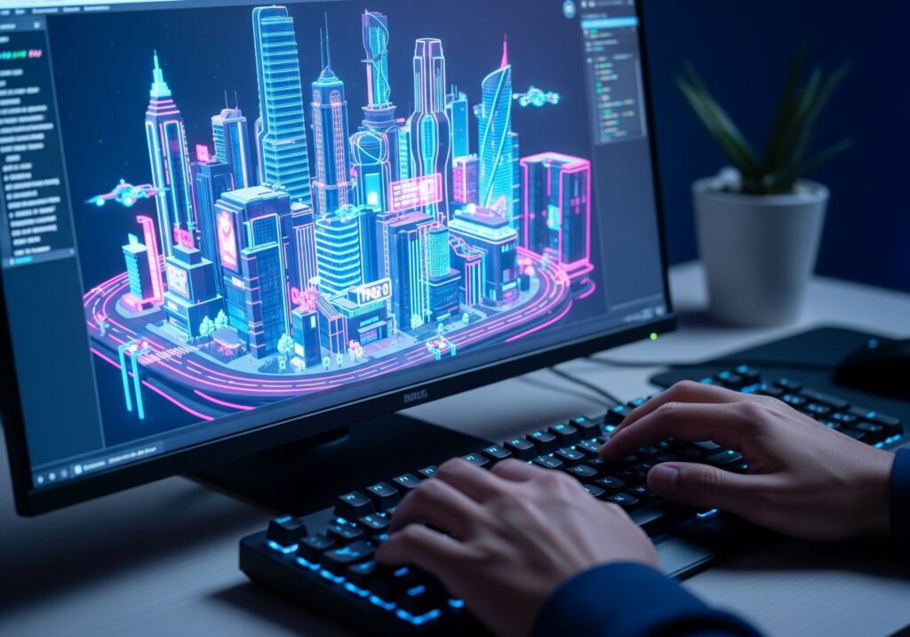 ゲーム業界の10年後の未来は、自らの手でコードするというテーマ。キーボードを使い、未来的なゲーム都市をプログラミングするクリエイター。
