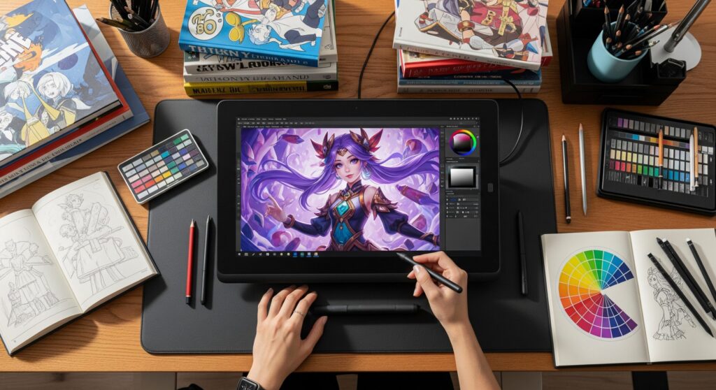 ゲームデザイナー(イラストレーター)に必要な必須スキルを象徴する、キャラクターイラストが表示されたタブレットとデザインツールが置かれた机の画像。