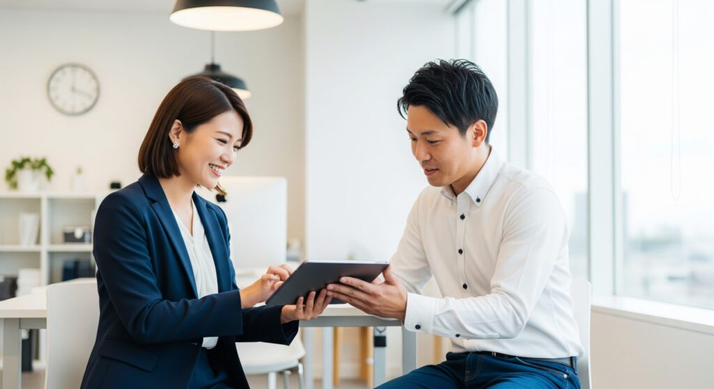 30代未経験者がゲーム業界に特化した転職エージェントと相談している様子の画像。