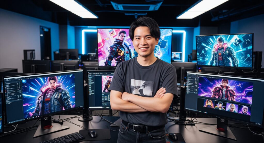 高卒でゲーム業界のデザイナーとして成功した男性が、開発スタジオで自信に満ちた表情を見せる体験談のイメージ。