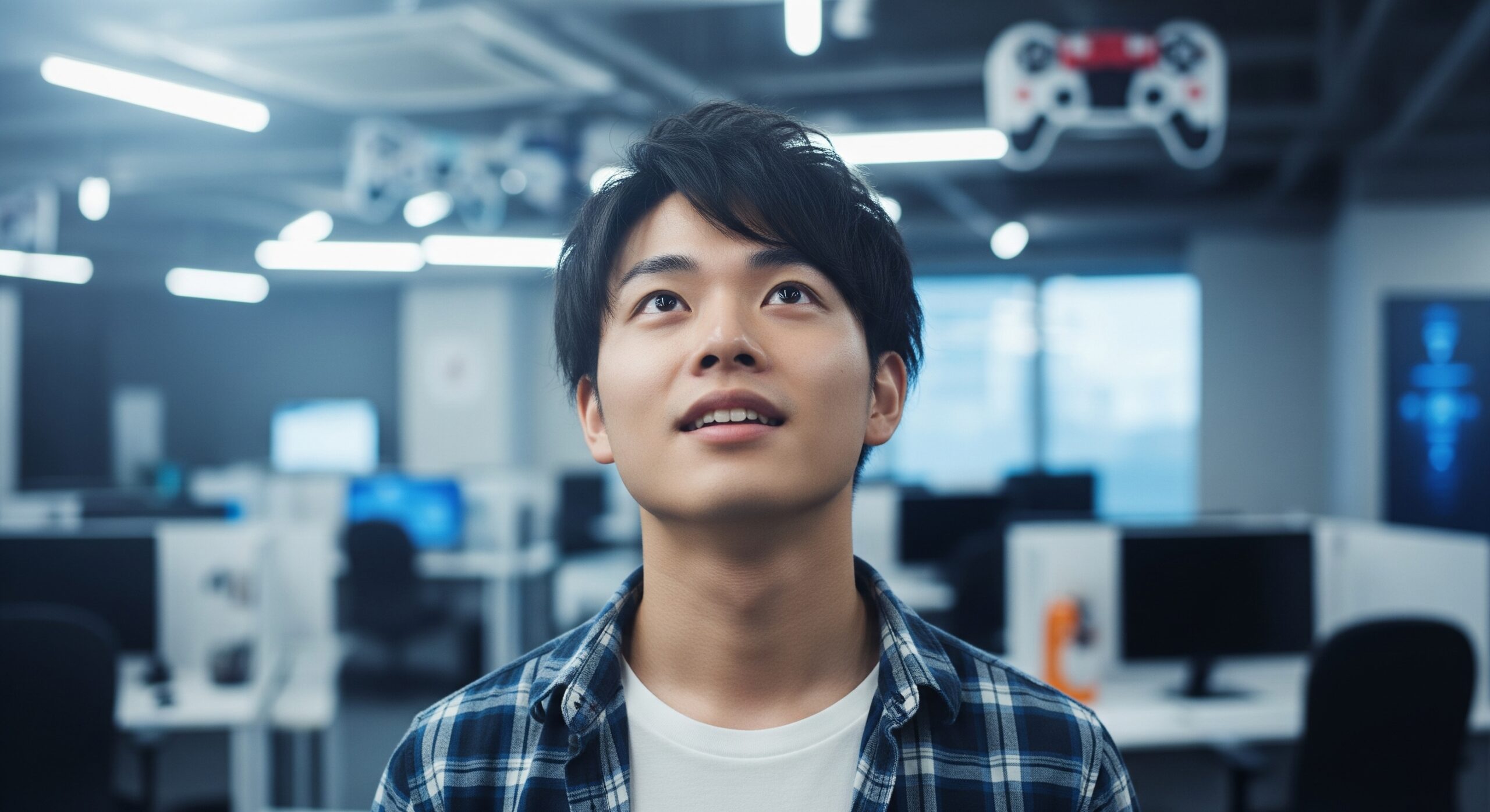 高卒からゲーム業界への就職を目指す男性が、希望に満ちた表情で未来を見据えるアイキャッチ画像。