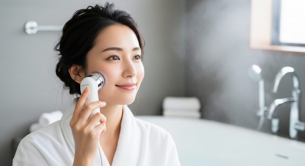 medicube facial device no effect correct usage 1 メディキューブ美顔器の効果を最大化するための正しい使い方を示す画像。女性が肌に美顔器を正しく当てている様子。