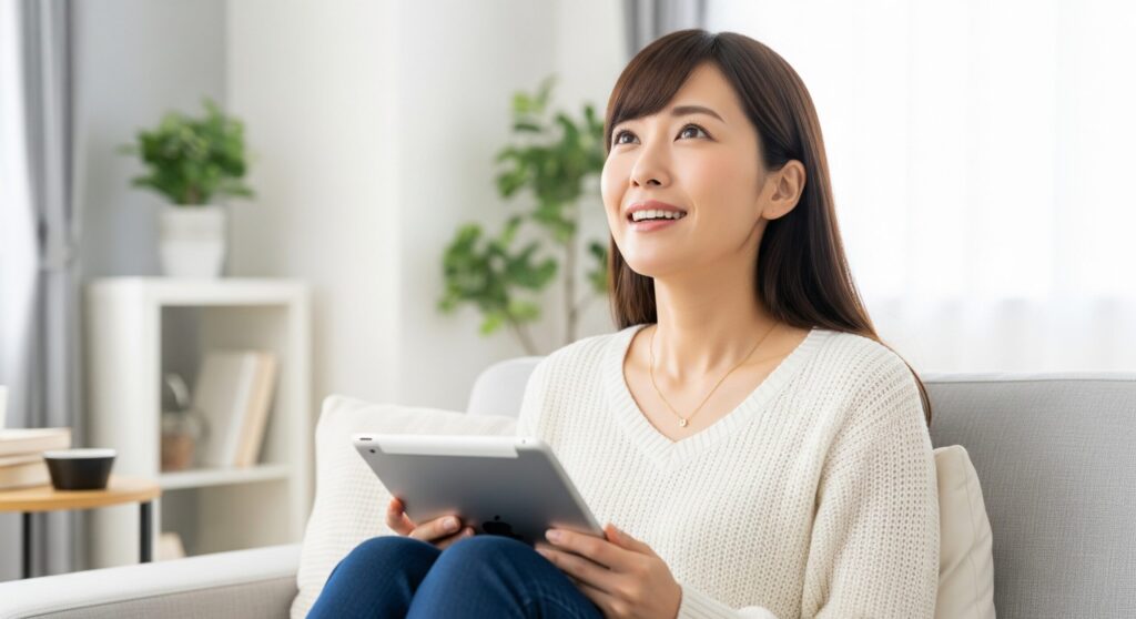medicube facial device no effect q and a メディキューブ美顔器の「効果ない?」などの購入前の疑問に答えるQ&Aセクションの画像。女性が疑問を解決し安心した表情。