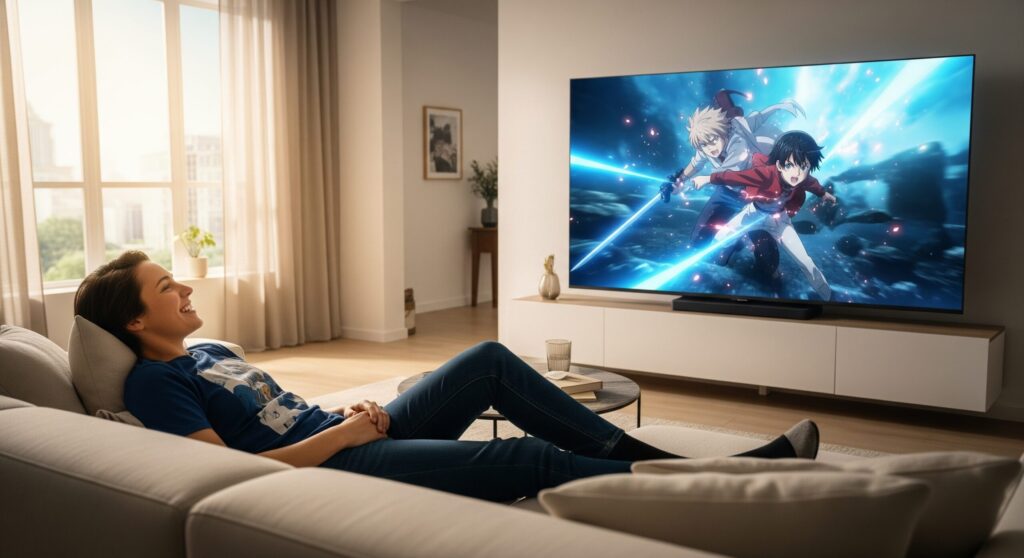 「俺だけレベルアップな件」のアニメは中止になっていないため、U-NEXTやdアニメストアなどのVODで視聴できることを示す画像。スマホで視聴する人物のイメージ。