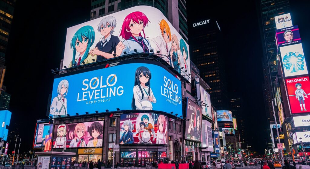 「俺だけレベルアップな件」のアニメ中止は嘘という結論を示す画像。アニメが世界的に大ヒットしていることを象徴する、海外の大型ビジョンでの広告シーン。