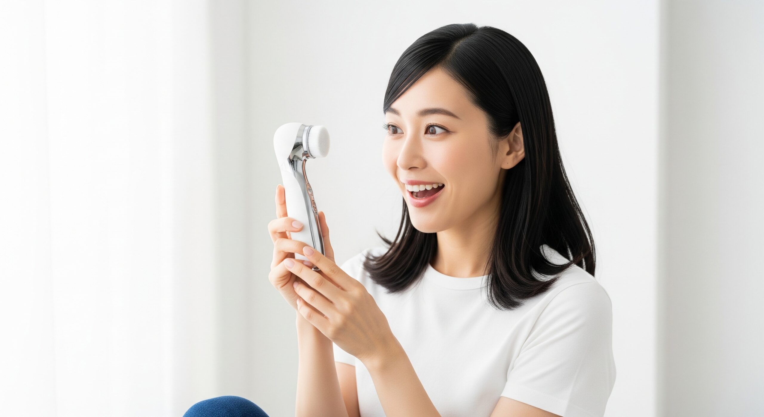サロニアの電気ブラシは効果ない？という口コミの真実を、女性の驚いた表情で表現したアイキャッチ画像。