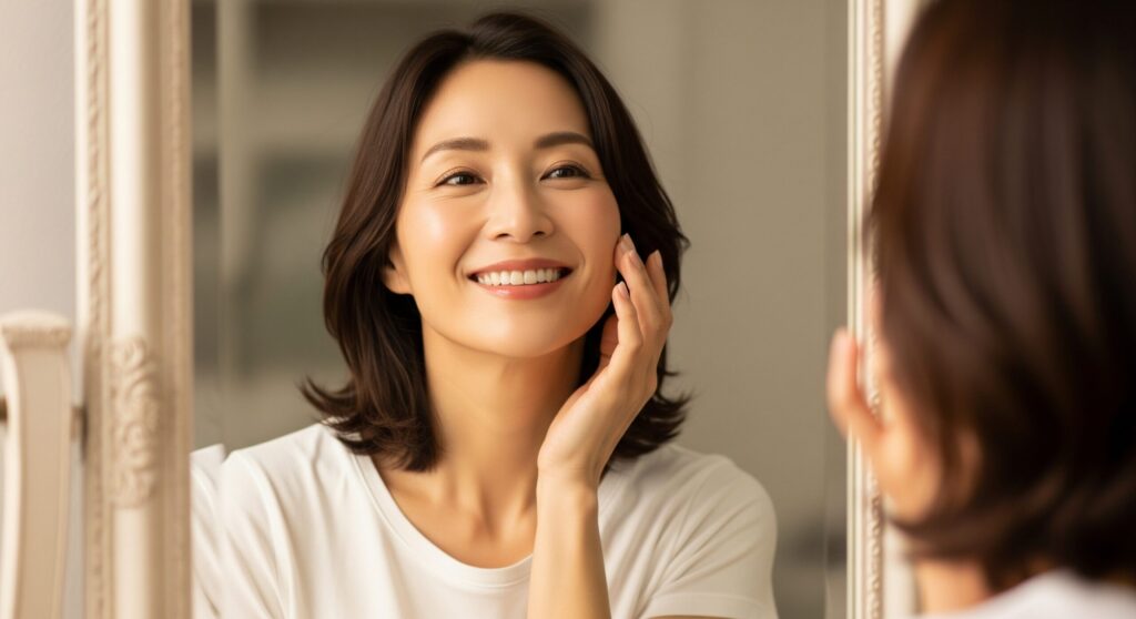  「効果ない」は誤解と実感。サロニアの電気ブラシを使い、引き締まったフェイスラインの効果に鏡を見て喜ぶ女性。