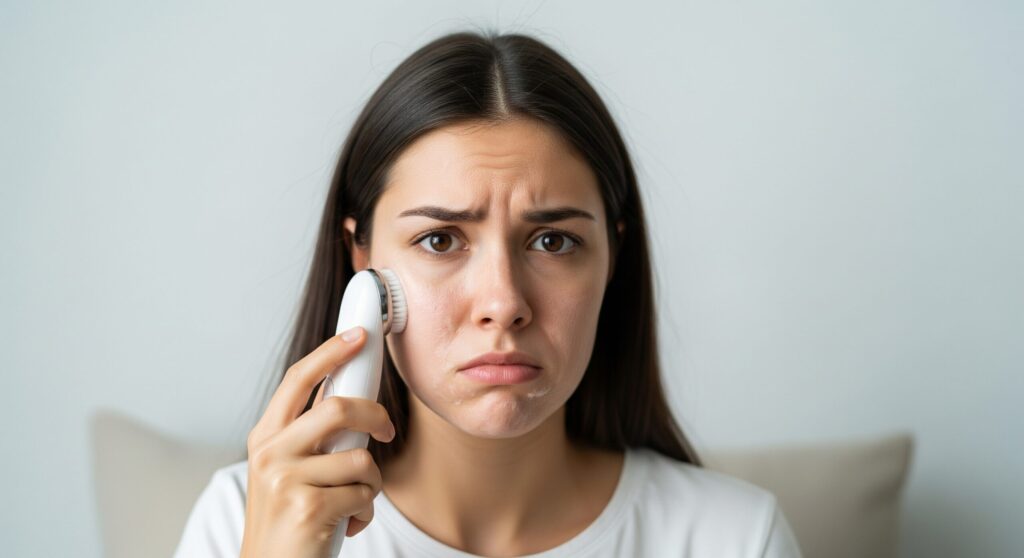サロニアの電気ブラシが「効果ない」と感じる原因である、使用方法の間違いに気づかず、困った表情を浮かべる女性。