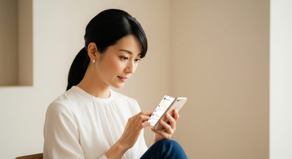 「サロニアの電気ブラシは効果ない」という口コミの真偽を確かめるため、スマホでレビューを入念に調査する女性。