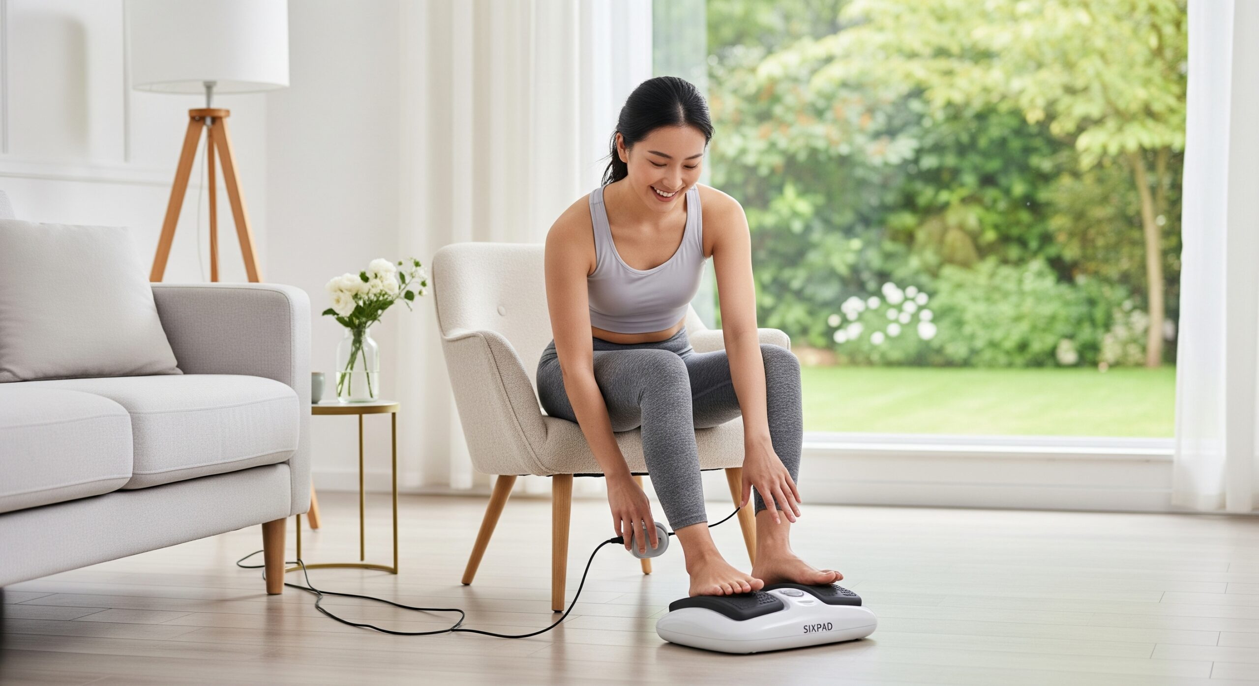 シックスパッドフットフィットをリビングで快適に使い、健康的な笑顔を見せる人物。