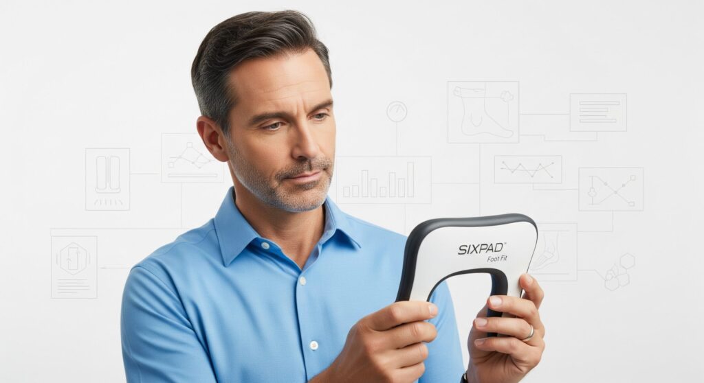 シックスパッドフットフィットを手に取り、その効果の理由を真剣に考察している人物。