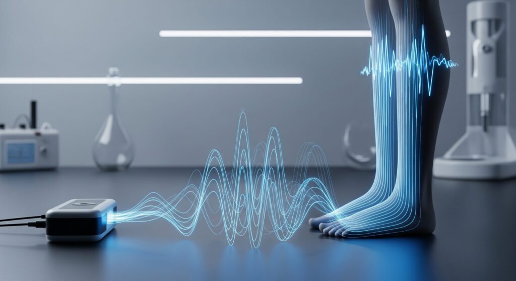 EMS（筋電気刺激）の波が足から脚へ伝わる、科学的根拠を示すイメージ図。