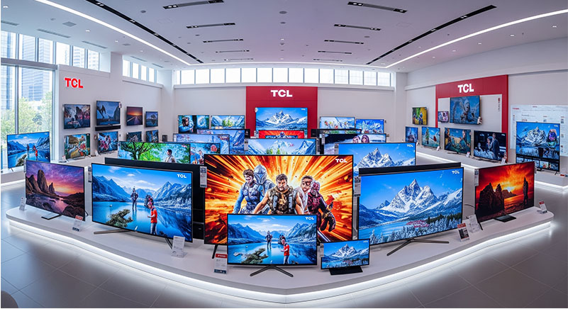 TCLテレビをサイズ・種類別に比較している画像。大型から小型まで様々なサイズのテレビが並んでおり、それぞれの評判を比較検討している様子。