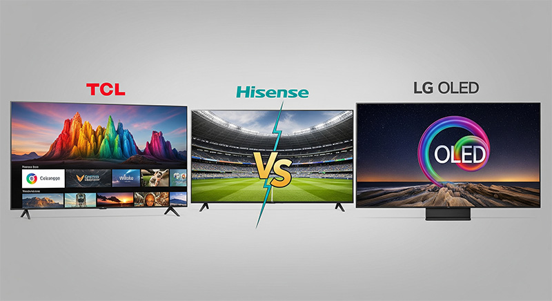 TCL、ハイセンス、LGのテレビを比較している画像。3社のロゴが描かれたテレビが並び、TCLテレビの評判をライバル製品と比較している。