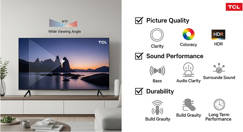 TCLテレビの評判を項目別にレビューする画像。画質、音質、操作性などの評価項目がチェックリスト形式で表示され、口コミを分析している様子。