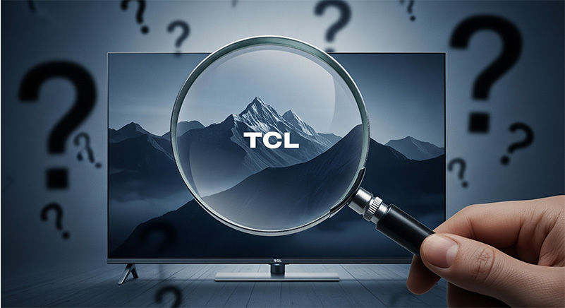 TCLテレビが「買ってはいけない」と言われる評判の真相を解説する画像。テレビの前で悪い口コミの理由について考えるユーザー。
