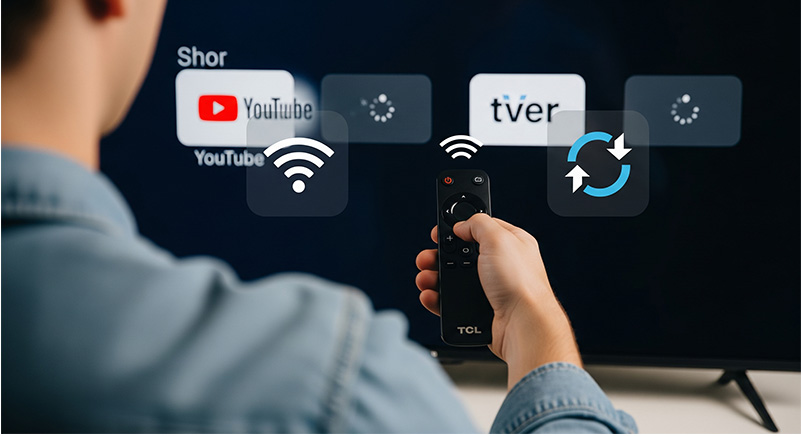 TCLテレビの不具合解決法を解説する画像。TVerやYouTubeが見れないエラー表示が出たテレビの前で、リモコンを手に原因と対処法を調べている。