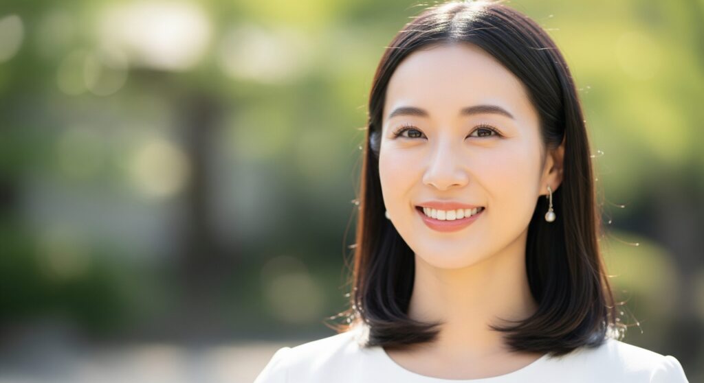 「ホワイトプレミアムは効果ない」という誤解が解け、自身の肌に自信を取り戻し、晴れやかに微笑む女性。