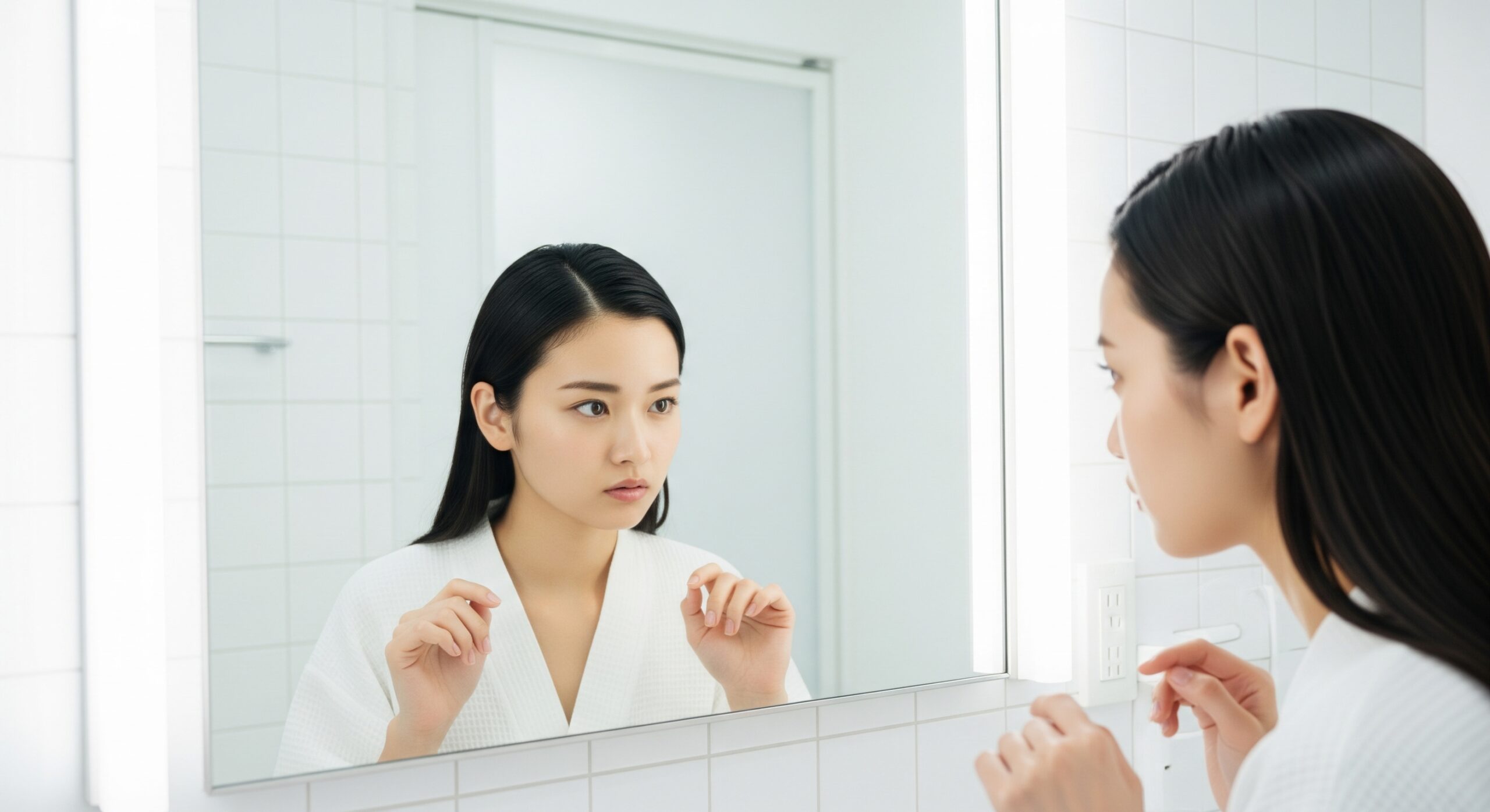 ホワイトプレミアムは効果ないのか、鏡を見て肌の状態を真剣に悩む女性のアイキャッチ画像。