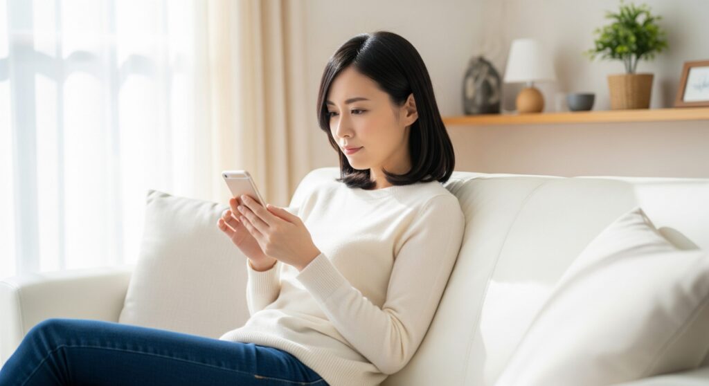 ホワイトプレミアムは効果ないという口コミの真相を、スマートフォンで徹底的に調査している女性。
