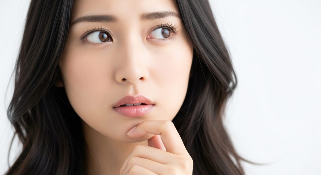 ホワイトプレミアムの効果に対する「期待値のズレ」について、顎に手を当てて考え込んでいる女性。
