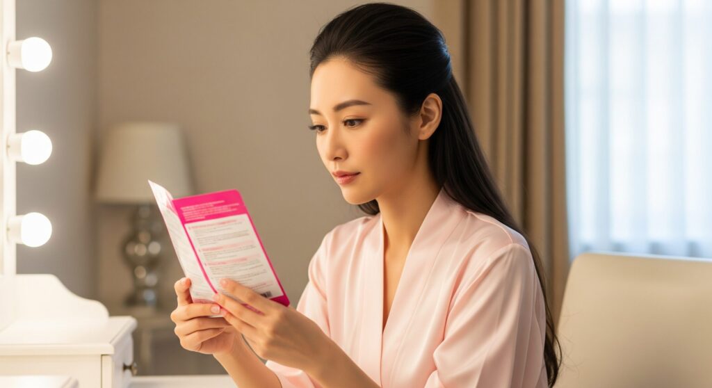ホワイトプレミアムの添付文書を読み、副作用や安全性について真剣な表情で確認している様子。