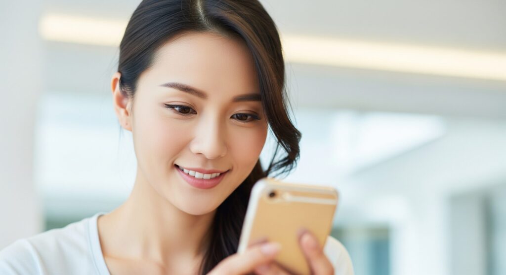 ドクターシーラボVC100は効果ないというSNS口コミの真実を解説する画像。スマートフォンを見て微笑む女性が、良い評判を発見した様子。
