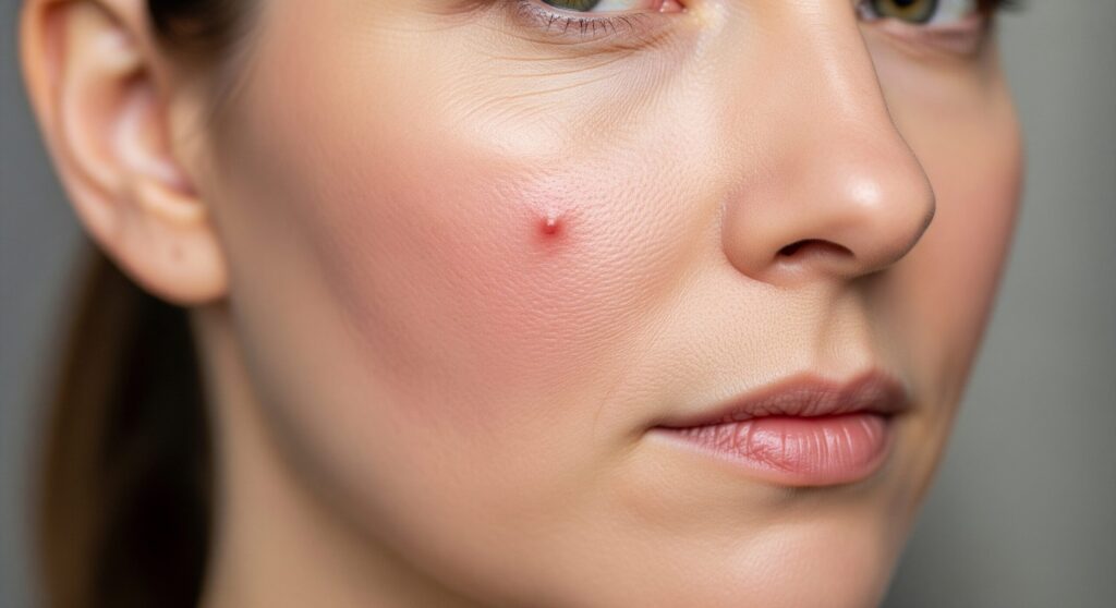 dr pur beaute kouka nai houten hanno ドクターピュールボーテの使用初期に見られる、好転反応による赤みと吹き出物ができた肌のクローズアップ。