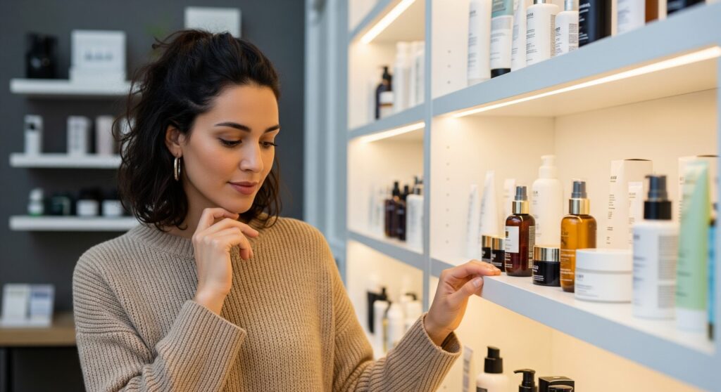 dr pur beaute kouka nai qa 化粧品売り場で様々な商品を前に、どのドクターピュールボーテ商品が良いか悩んでいる女性。