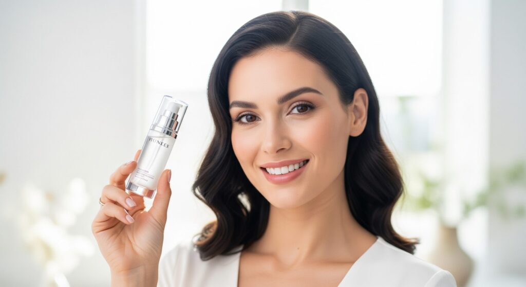 dr pur beaute kouka nai summary ドクターピュールボーテを活用して自信に満ちた笑顔を見せる、美しい肌の女性。