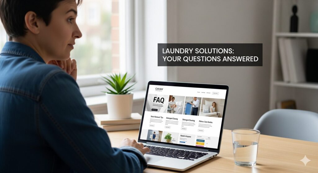 nanobubble laundry hose no effect faq ナノバブル洗濯ホースの「効果ない」などの疑問を解決するFAQページ。パソコンでよくある質問の答えを調べている人物。